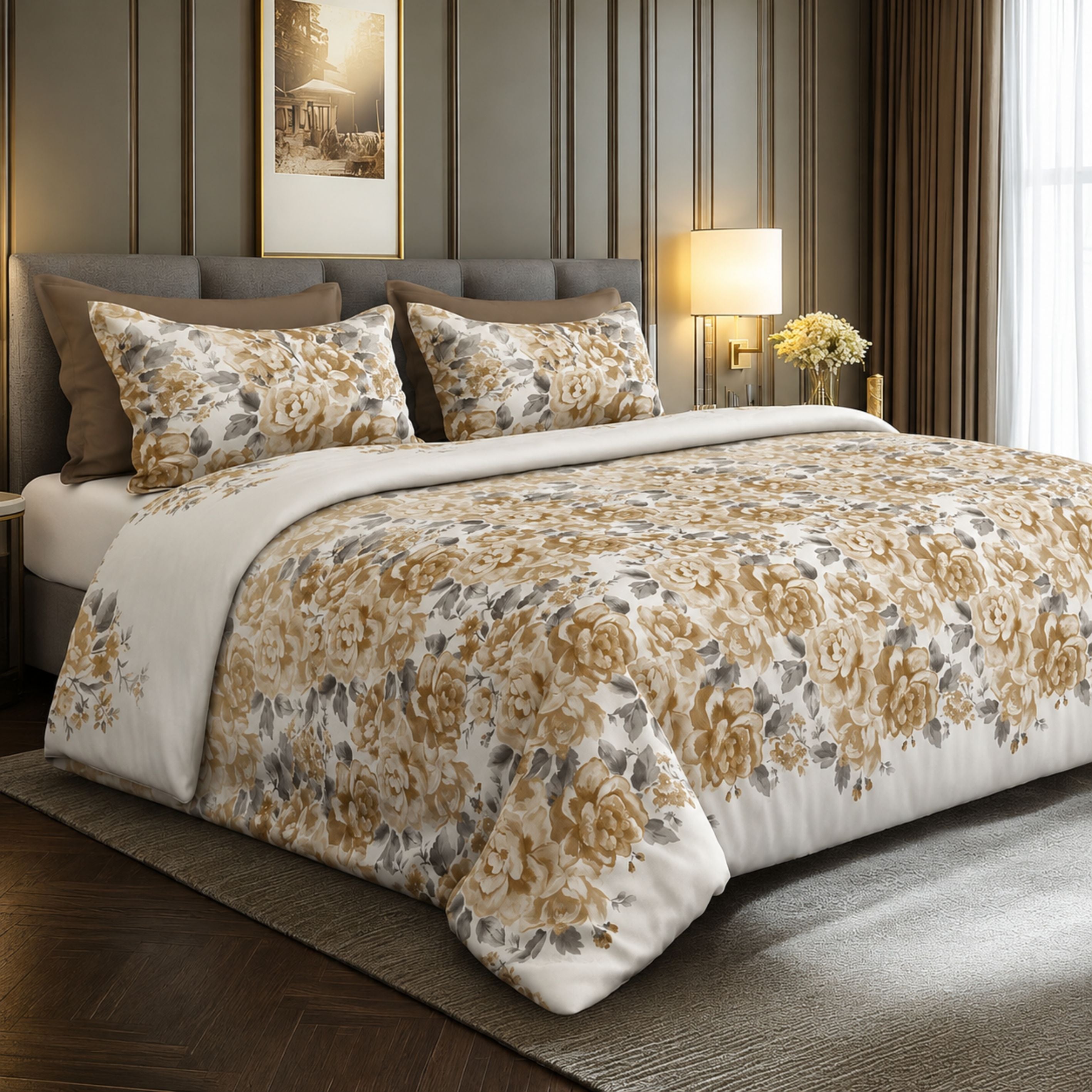 Sansaar by DDdecor Super King Bedsheet with 2 Pillow Covers - Hazel - Rose Cascade - Ivory - Floral Cascade Print Pattern - 1 Pc