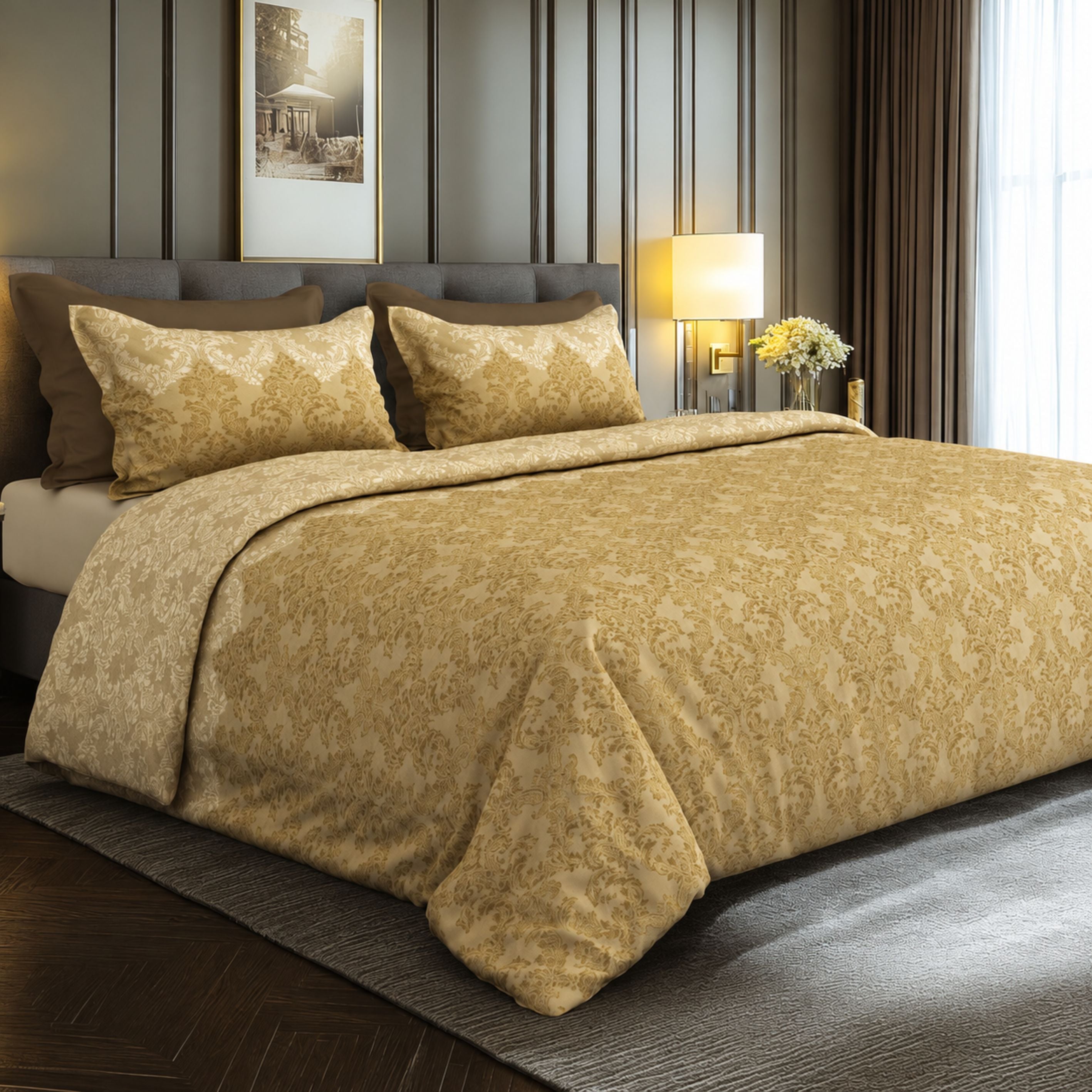 Sansaar by DDdecor Super King Bedsheet with 2 Pillow Covers - Hazel - Baroque - Sand - Ornamental Heritage Pattern - 1 Pc