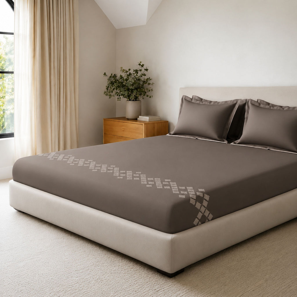 Sansaar by DDdecor Large Bedsheet Set with 2 Pillow Covers - Argyle - Dark Truffle - Embroidered - 1 Pc