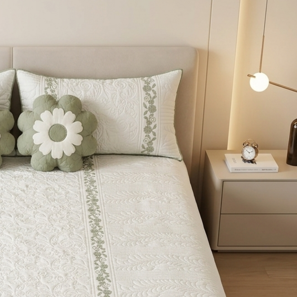 TIMA Angel 5PC Bedcover | Olive Green & Ivory Quilted Set