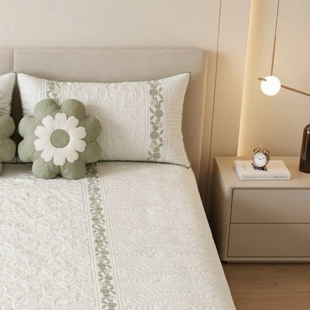 TIMA Angel 5PC Bedcover | Olive Green & Ivory Quilted Set