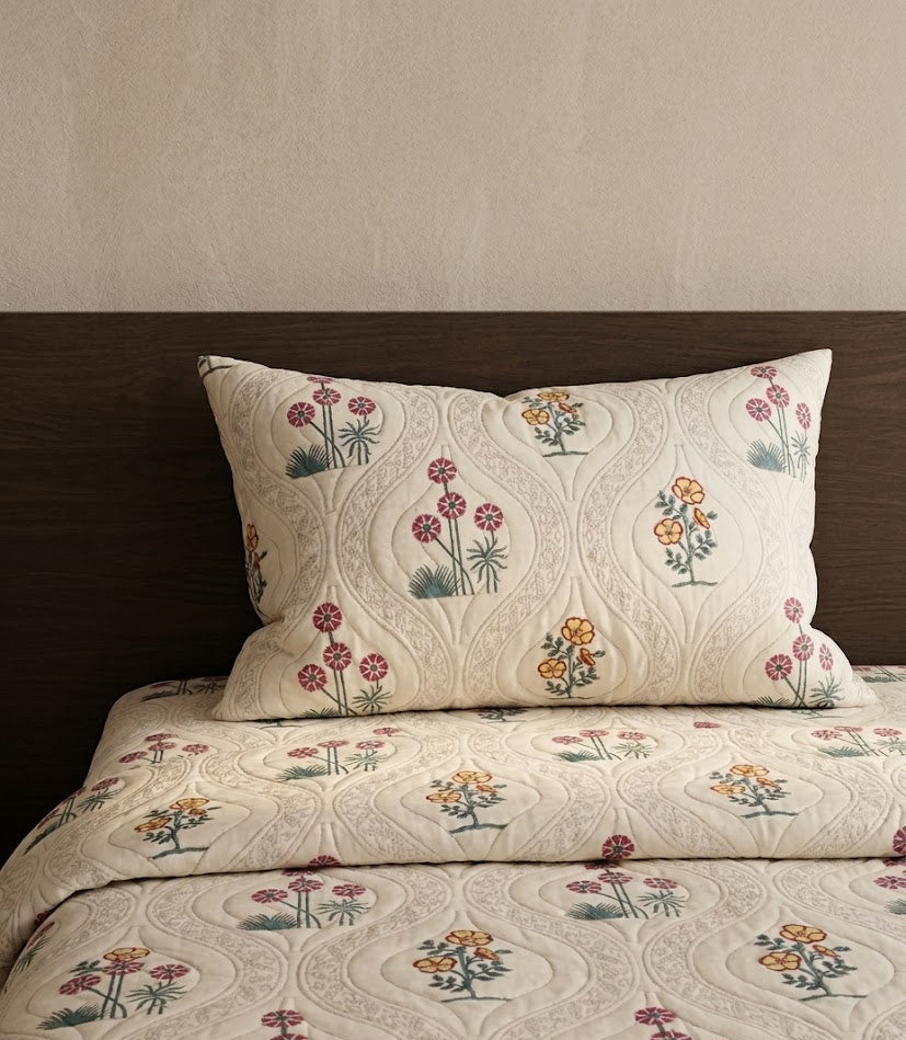Jaipuri Ivory Print Bed Cover – Soft Cotton | Pastel Floral Elegance