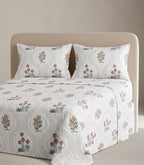 Jaipuri Ivory Print Bed Cover – Soft Cotton | Pastel Floral Elegance