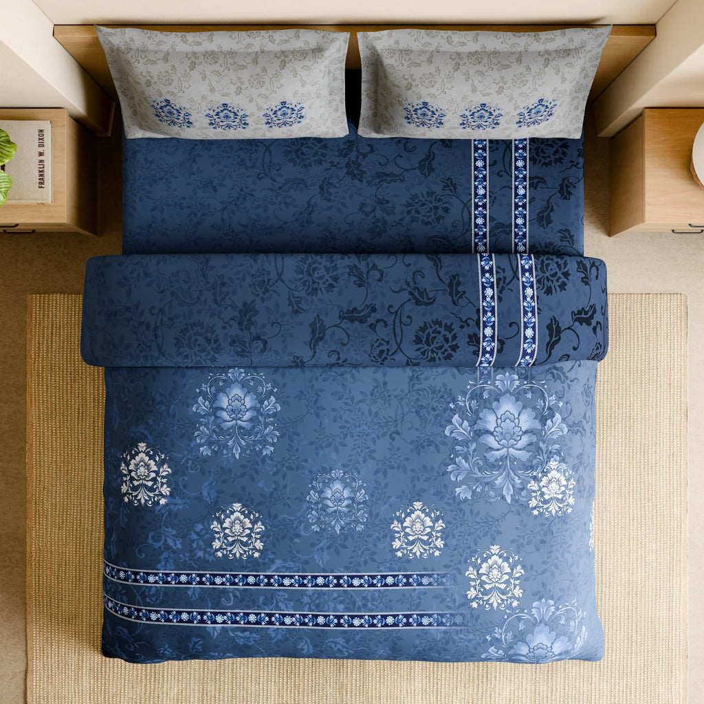 Spaces Shubha Blue Pottery Lichen Blue Traditional Floral 300TC Cotton Super King Bed Sheet Set | 1085774 Lichen Blue