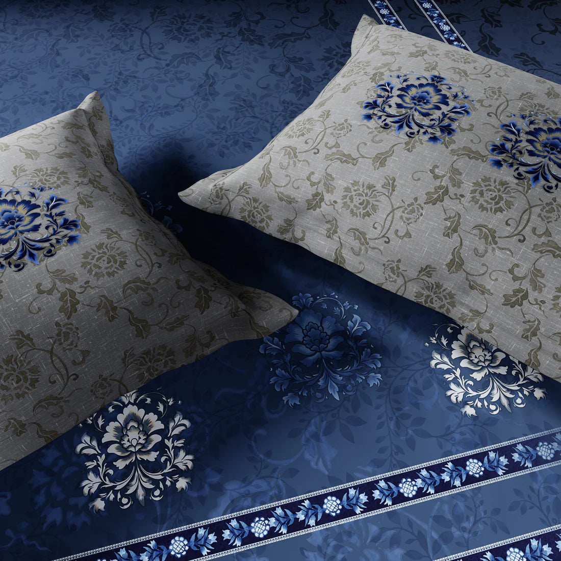 Spaces Shubha Blue Pottery Lichen Blue Traditional Floral 300TC Cotton Super King Bed Sheet Set | 1085774 Lichen Blue