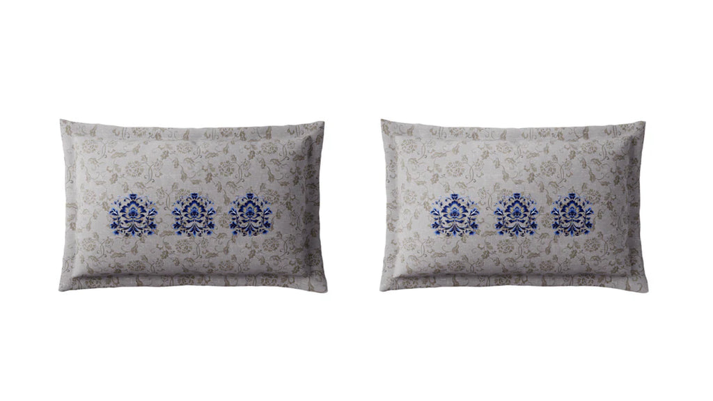 Spaces Shubha Blue Pottery Lichen Blue Traditional Floral 300TC Cotton Super King Bed Sheet Set | 1085774 Lichen Blue
