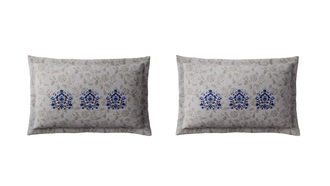 Spaces Shubha Blue Pottery Lichen Blue Traditional Floral 300TC Cotton Super King Bed Sheet Set | 1085774 Lichen Blue