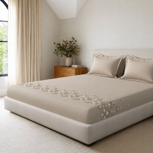 Sansaar by DDdecor Large Bedsheet Set with 2 Pillow Covers - Blossette - Silver Lining - Embroidered - 1 Pc