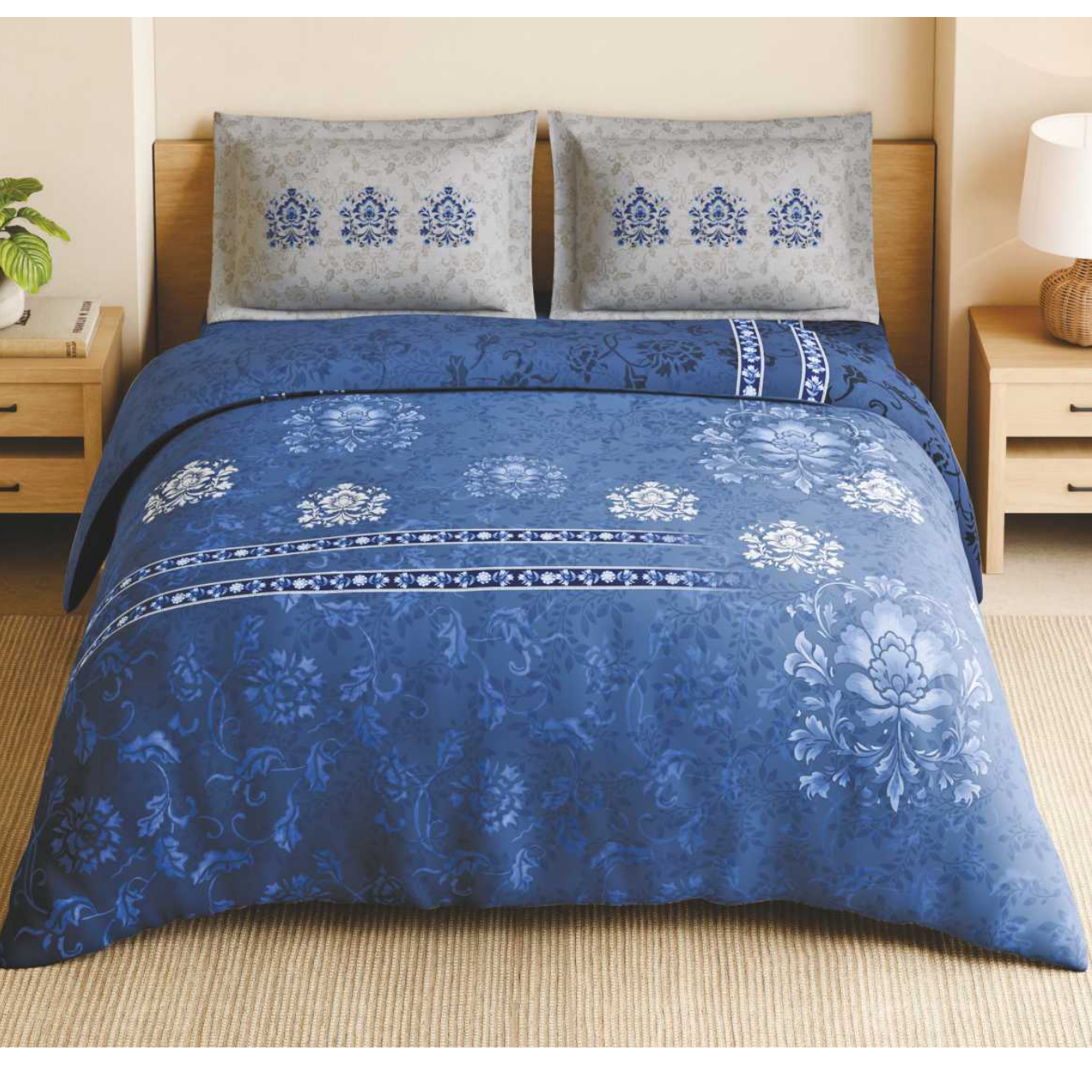 Spaces Shubha Blue Pottery Lichen Blue Traditional Floral 300TC Cotton Super King Bed Sheet Set | 1085774 Lichen Blue