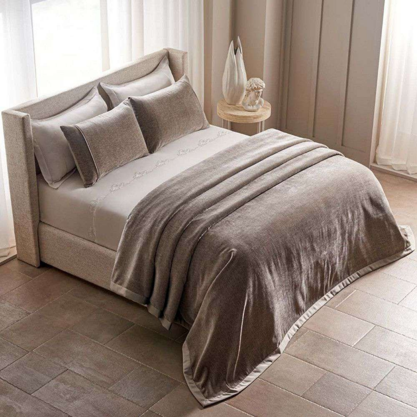D'Decor Celestia Taupe Luxury Bedding Set | Premium Chenille Bed Cover & Embroidered 210 TC Cotton Bedsheet | Oralis CE02 Taupe