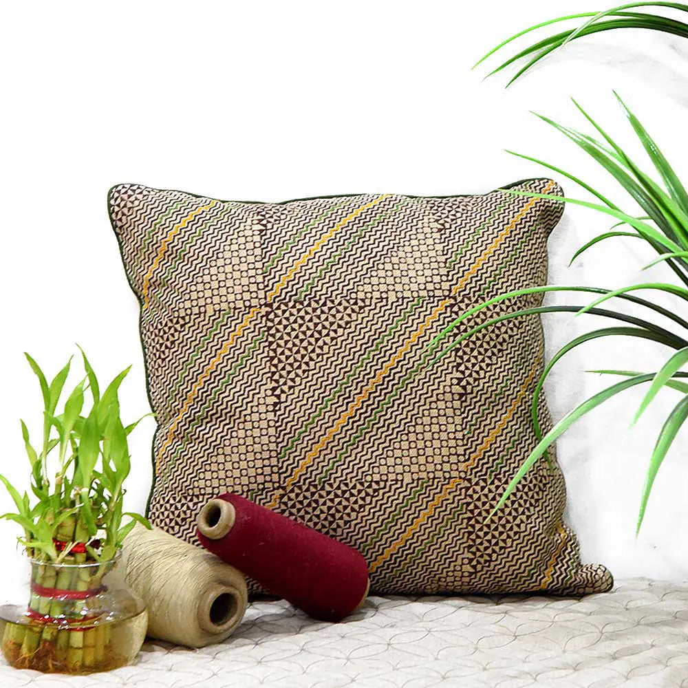 Sadyaska Block Printed and Embroidered Cotton Gold Color (16" X 16")… 1 Pcs Cushion Cover