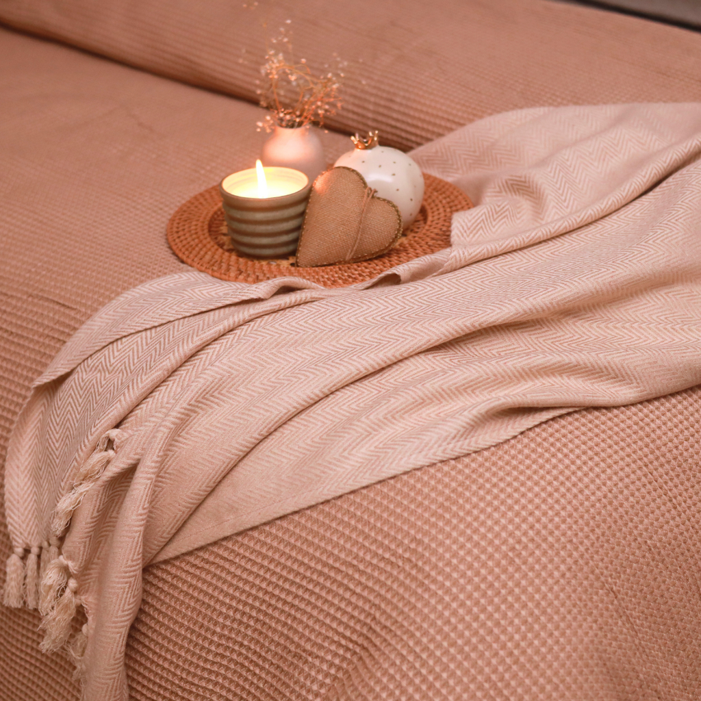 Sadyaska Herringbone Clay Woven Throw with s 1 Pcs Cushion Cover