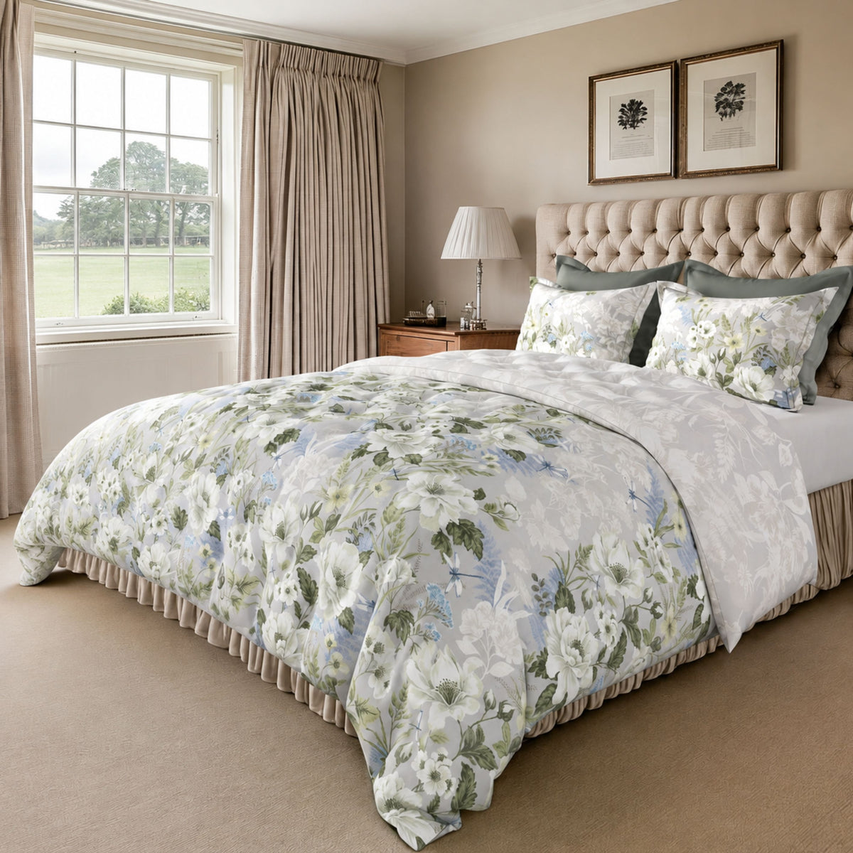 Sansaar by D'Decor Bedsheet with 2 Pillow Covers - English County - Rosewood - Matcha - Floral Botanical Print Pattern - 1 Pc