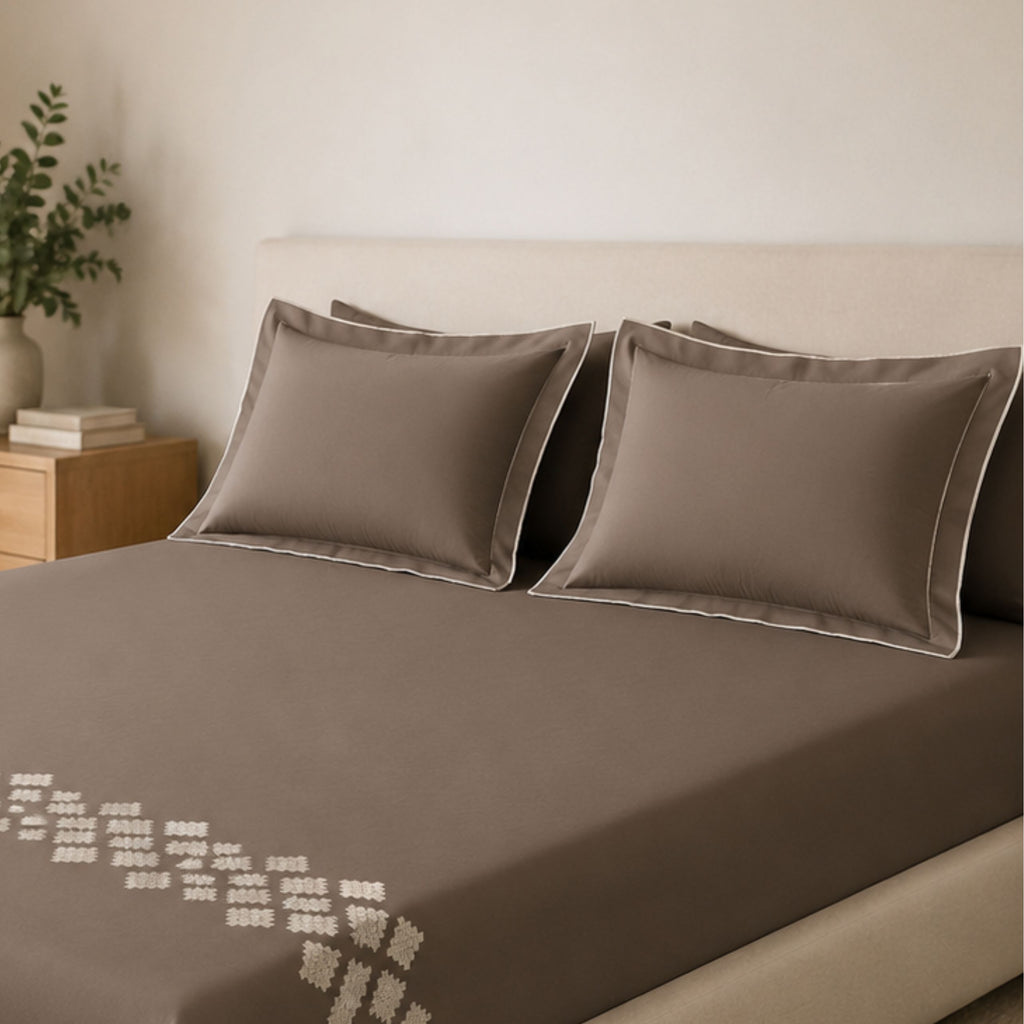 Sansaar by DDdecor Large Bedsheet Set with 2 Pillow Covers - Argyle - Dark Truffle - Embroidered - 1 Pc