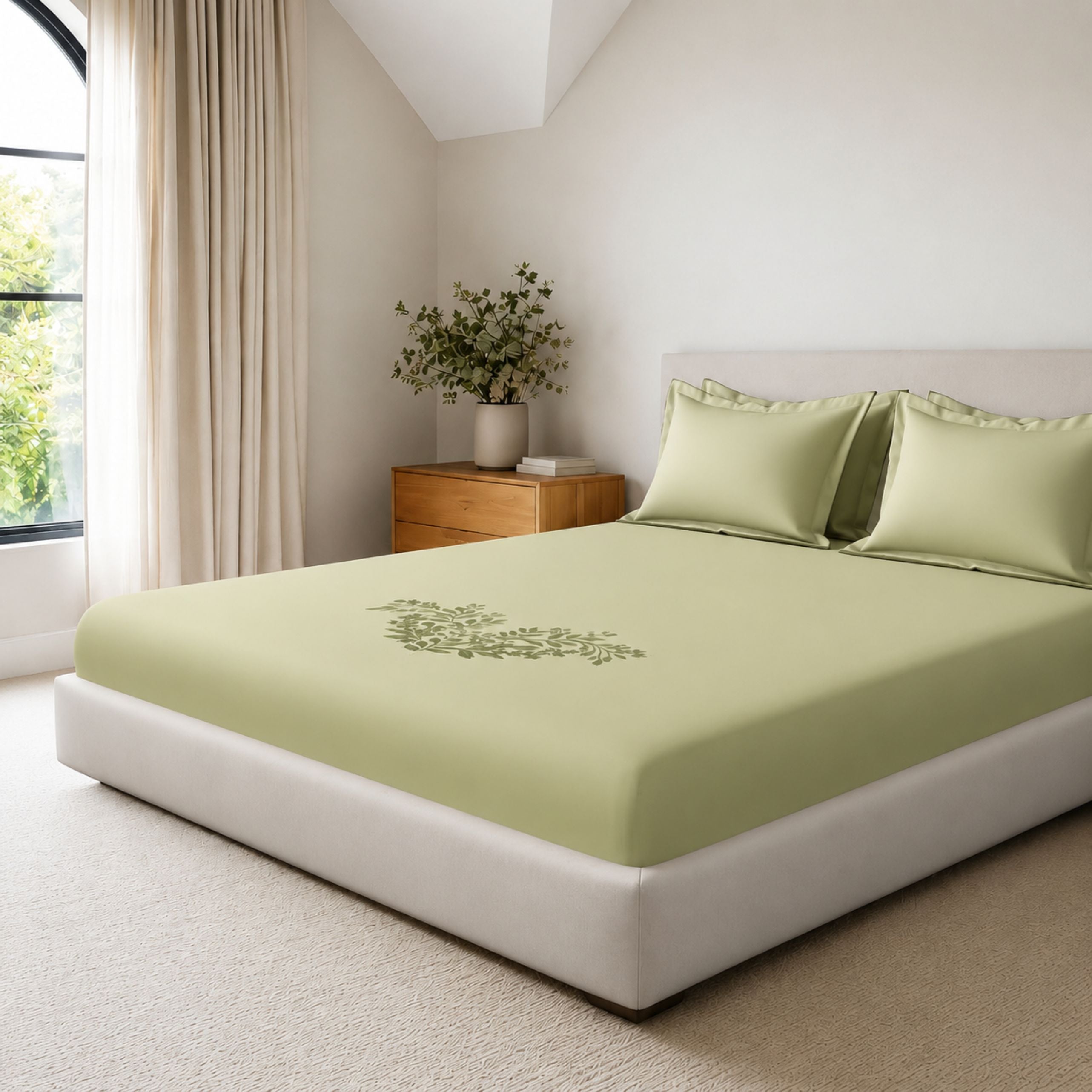 Sansaar by DDdecor Large Bedsheet Set with 2 Pillow Covers - Willowmere - Celadon - Embroidered - 1 Pc