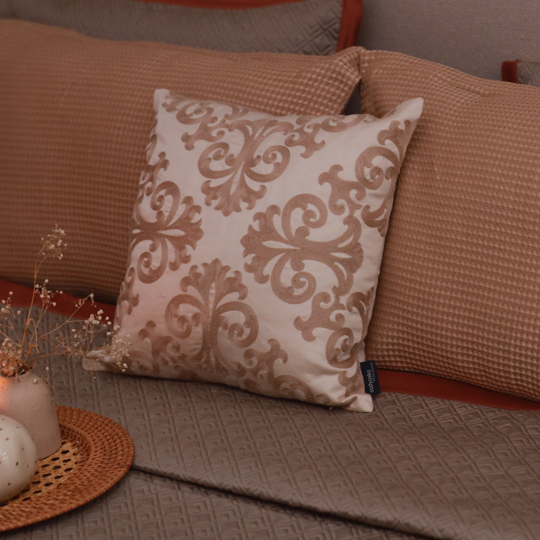 Sadyaska Blooming Elegance Cotton Embroidered Buff 16" X 16" 1 Pcs Cushion Cover