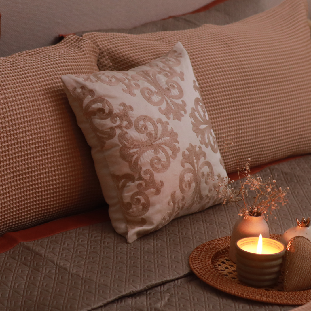 Sadyaska Blooming Elegance Cotton Embroidered Buff 16" X 16" 1 Pcs Cushion Cover