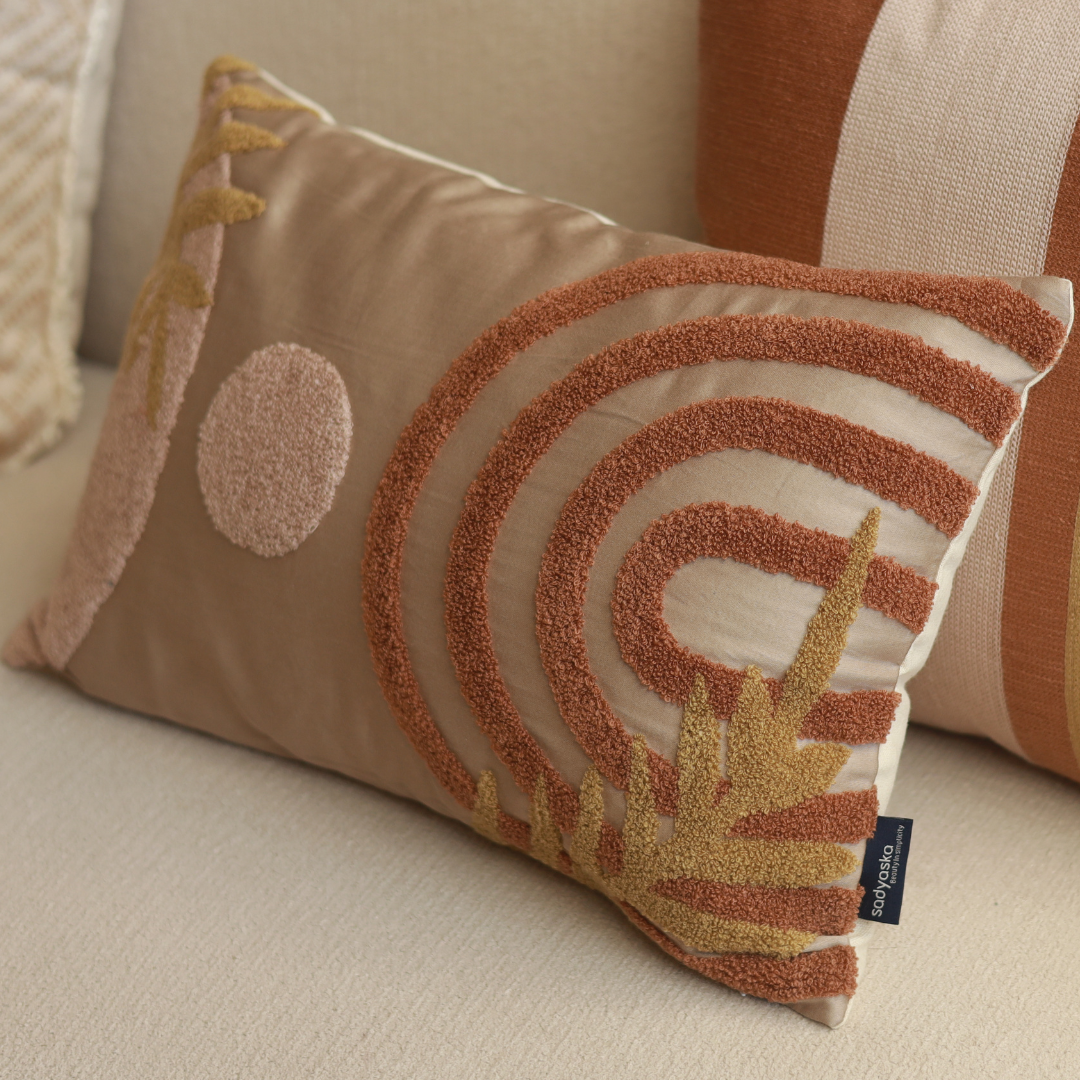 Sadyaska Serenity Leaf Cotton Embroidered Sand 12" X 18" 1 Pcs Cushion Cover