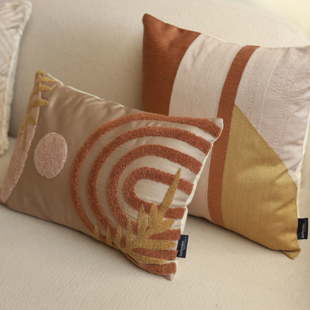 Sadyaska Serenity Leaf Cotton Embroidered Sand 12" X 18" 1 Pcs Cushion Cover
