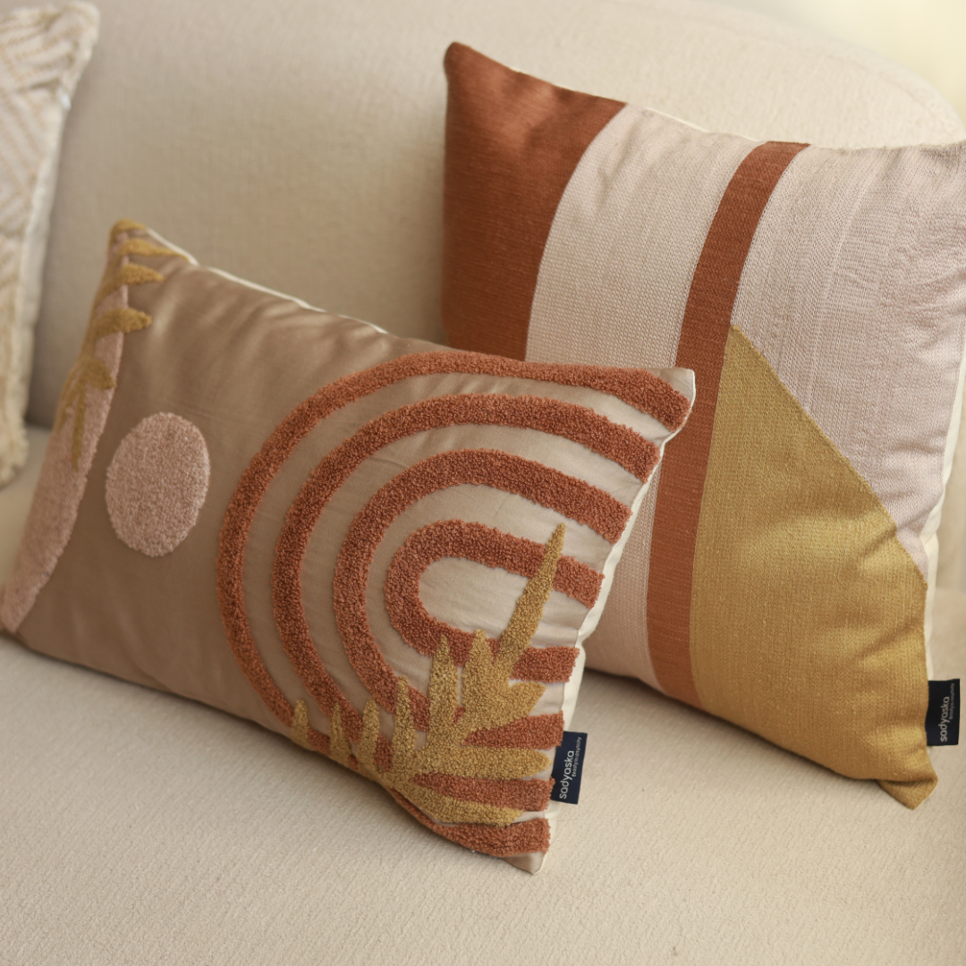 Sadyaska Serenity Leaf Cotton Embroidered Sand 12" X 18" 1 Pcs Cushion Cover