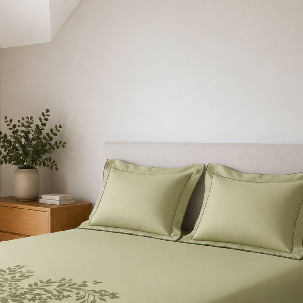 Sansaar by DDdecor Large Bedsheet Set with 2 Pillow Covers - Willowmere - Celadon - Embroidered - 1 Pc