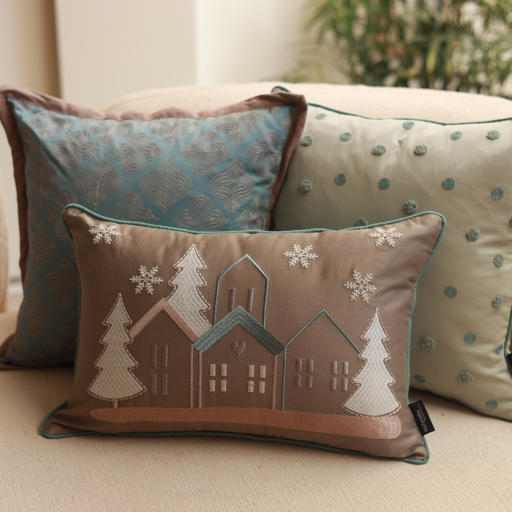 Sadyaska Starlit Christmas Cotton Embroidered Taupe 12" X 18" 1 Pcs Cushion Cover