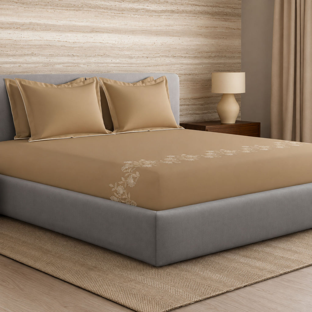 Sansaar by DDdecor Large Bedsheet Set with 2 Pillow Covers - Vinelet - Coffee - Embroidered - 1 Pc
