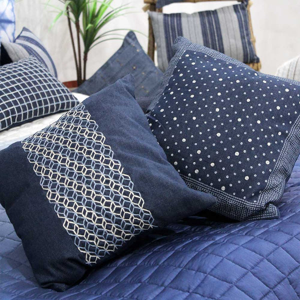 Sadyaska Cuba Stylish Denim Embroidered 3D Look Sofa Chair Patio Outdoor Indigo Blue Denim Pillow Cushion Case 16