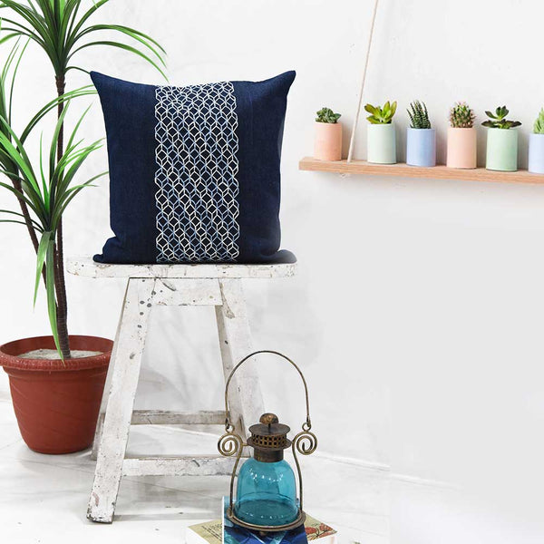 Sadyaska Cuba Stylish Denim Embroidered 3D Look Sofa Chair Patio Outdoor Indigo Blue Denim Pillow Cushion Case 16