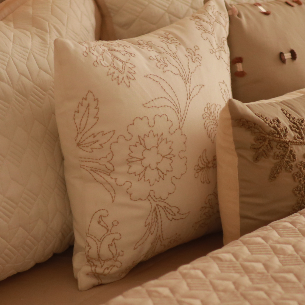 Sadyaska Leafy Retreat Cotton Embroidered Ivory 16" X 16" 1 Pcs Cushion Cover