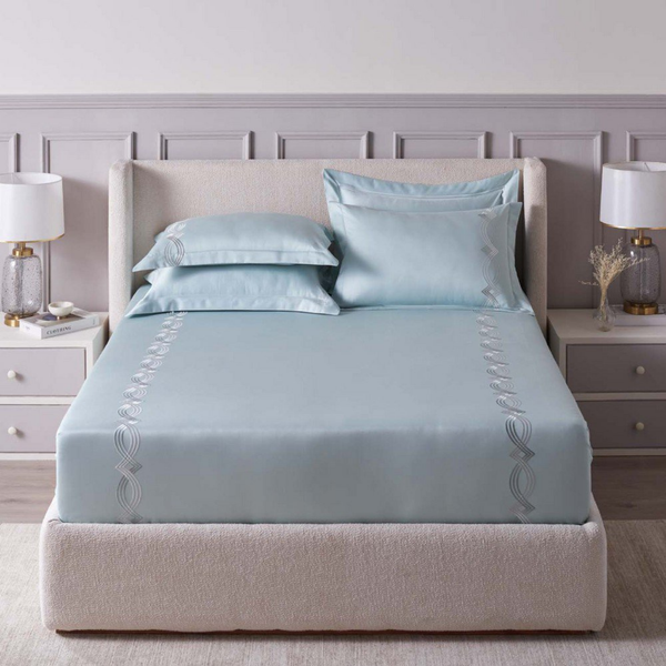 D'Decor Imperial II Grace Pastel Blue Elegant Embroidered 5-Piece Double Bedsheet Set | IP08 Grace Pastel Blue