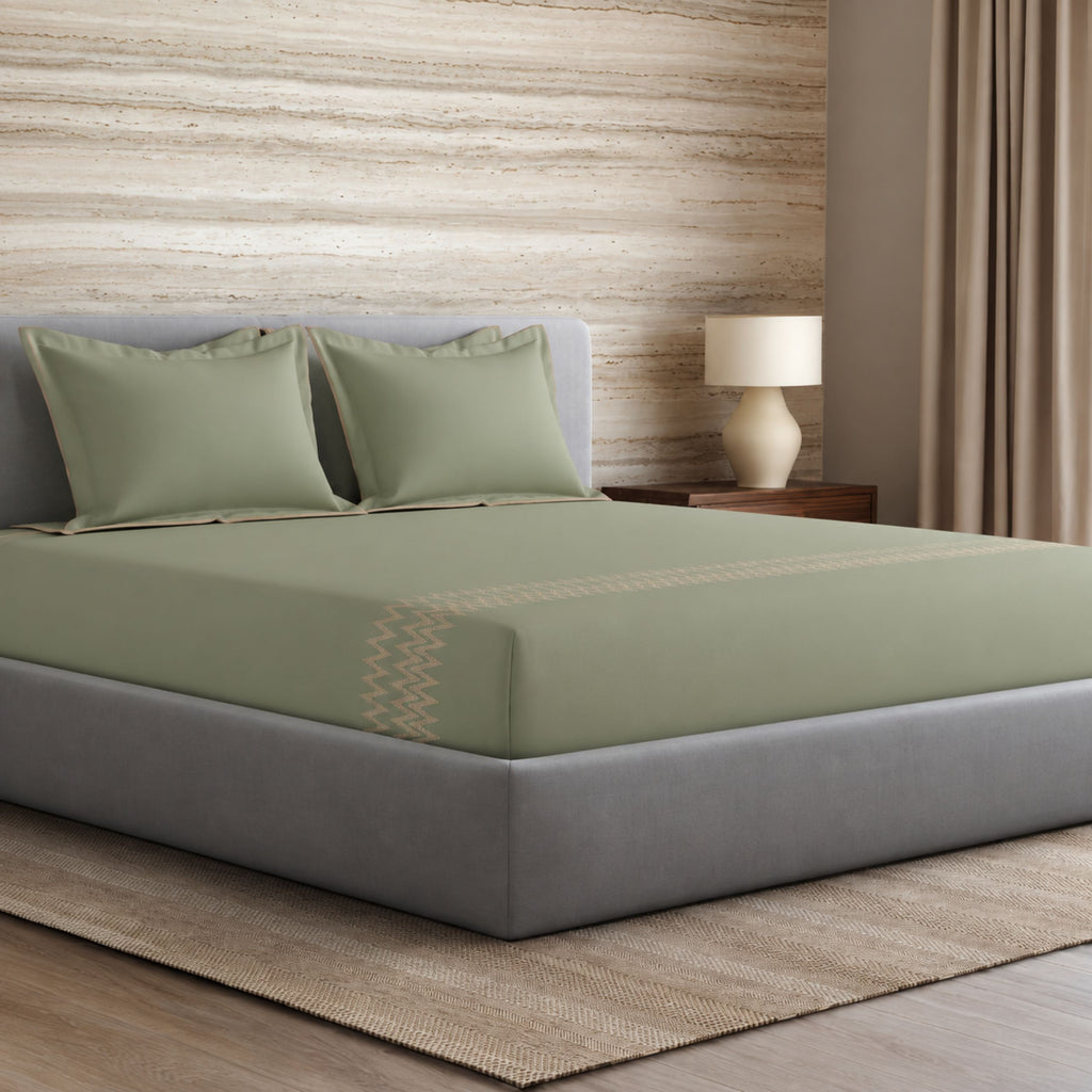 Sansaar by DDdecor Large Bedsheet Set with 2 Pillow Covers - Arrowlet - Moss Gray - Embroidered - 1 Pc