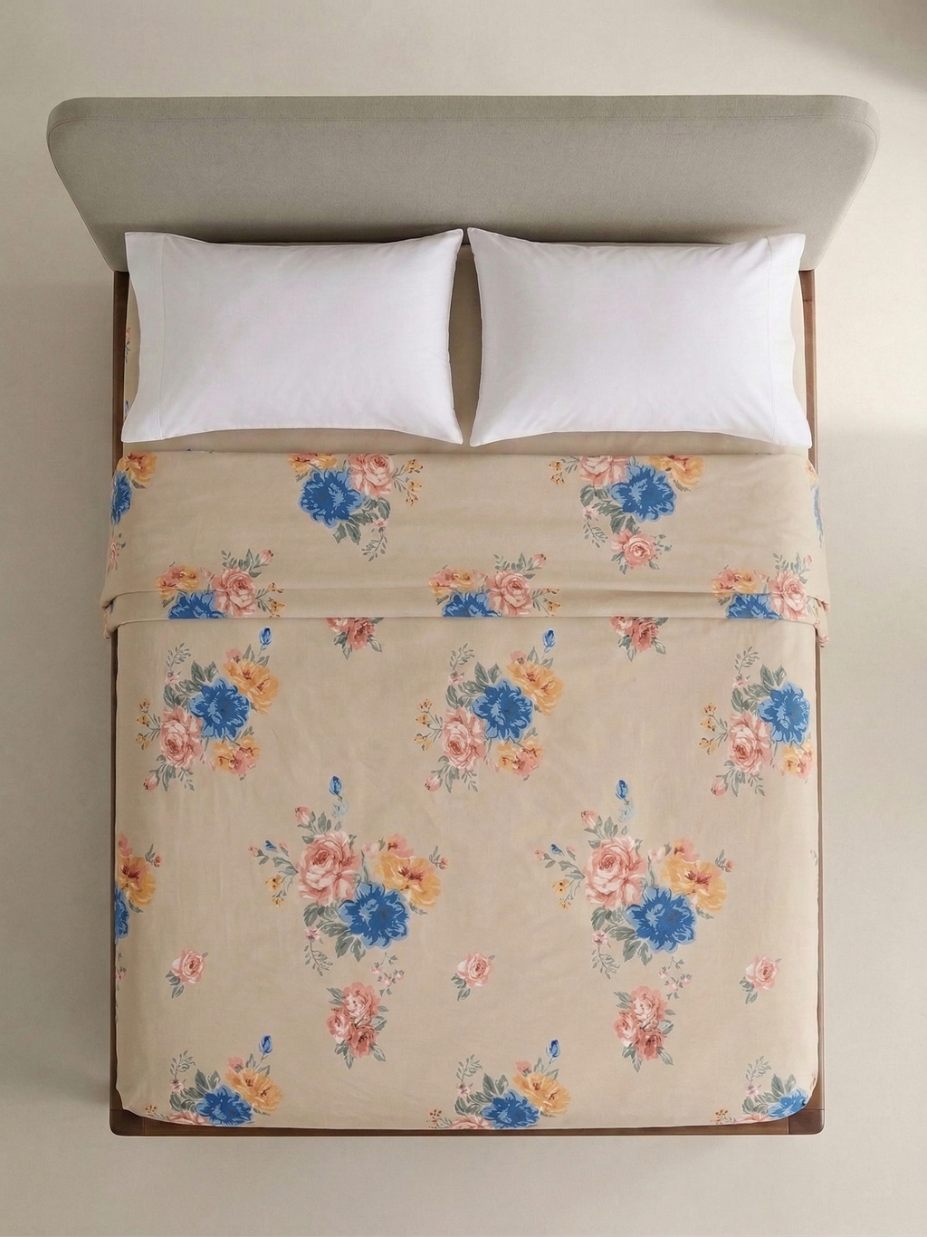 Jaipuri English Garden Floral Fitted Bedcover | Premium Hand block Printed Cotton Bedspread | Elegant Beige & Blue Botanical Fitted Sheet
