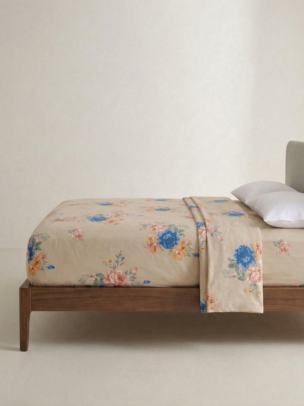 Jaipuri English Garden Floral Fitted Bedcover | Premium Hand block Printed Cotton Bedspread | Elegant Beige & Blue Botanical Fitted Sheet