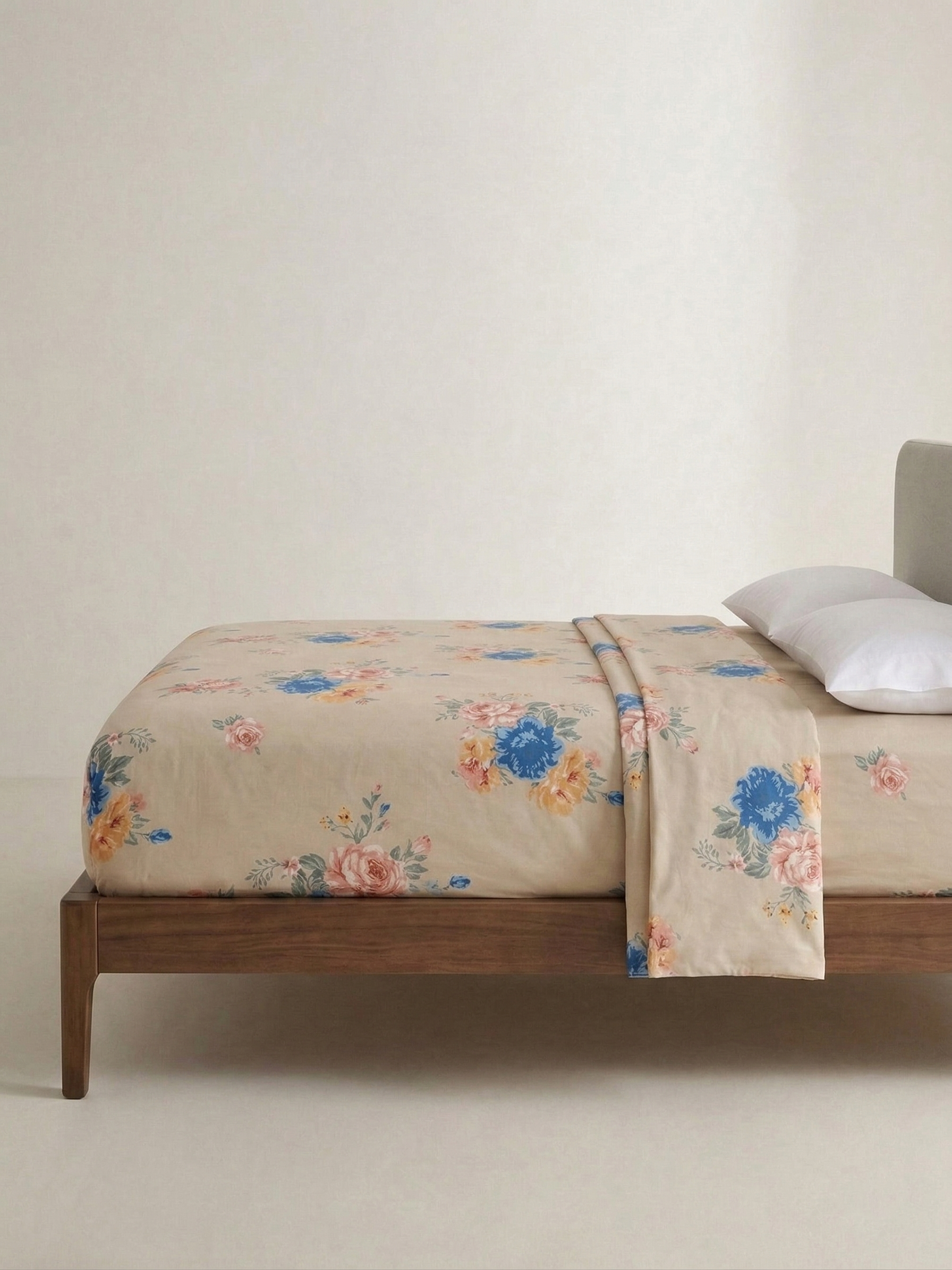 Jaipuri English Garden Floral Fitted Bedcover | Premium Hand block Printed Cotton Bedspread | Elegant Beige & Blue Botanical Fitted Sheet