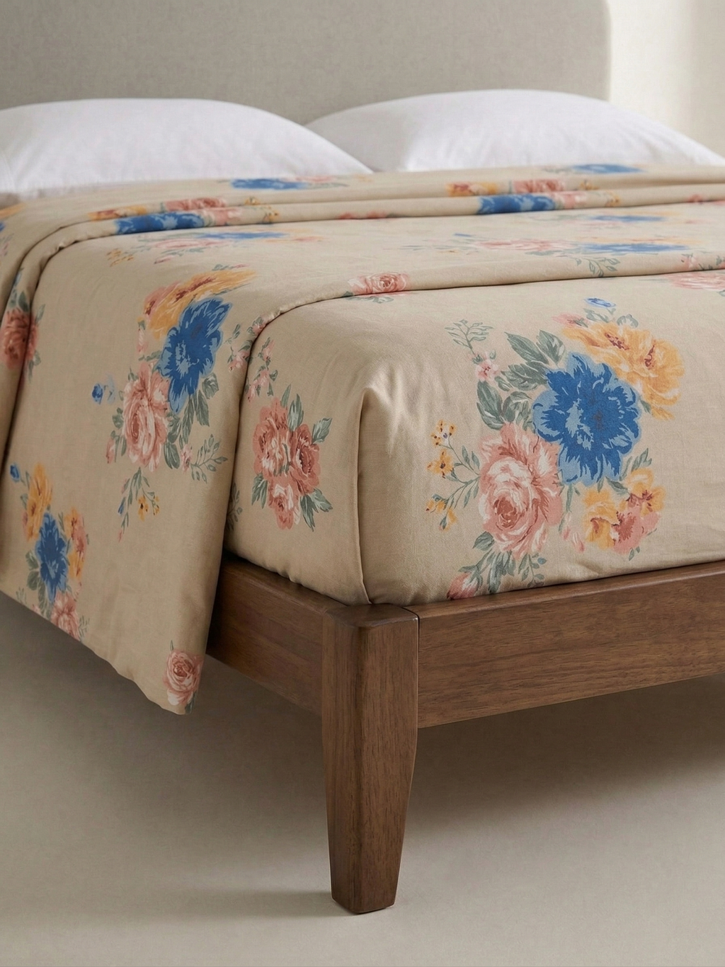 Jaipuri English Garden Floral Fitted Bedcover | Premium Hand block Printed Cotton Bedspread | Elegant Beige & Blue Botanical Fitted Sheet