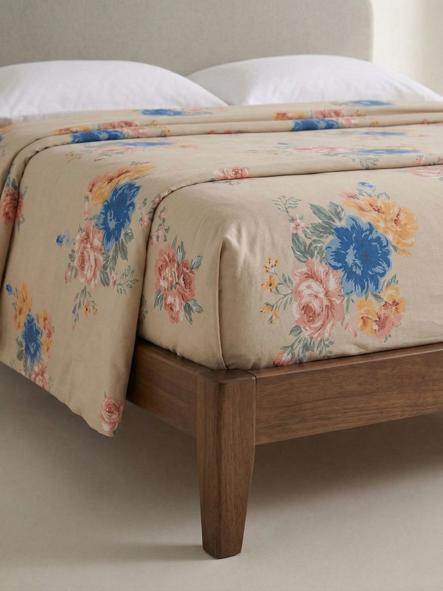 Jaipuri English Garden Floral Fitted Bedcover | Premium Hand block Printed Cotton Bedspread | Elegant Beige & Blue Botanical Fitted Sheet