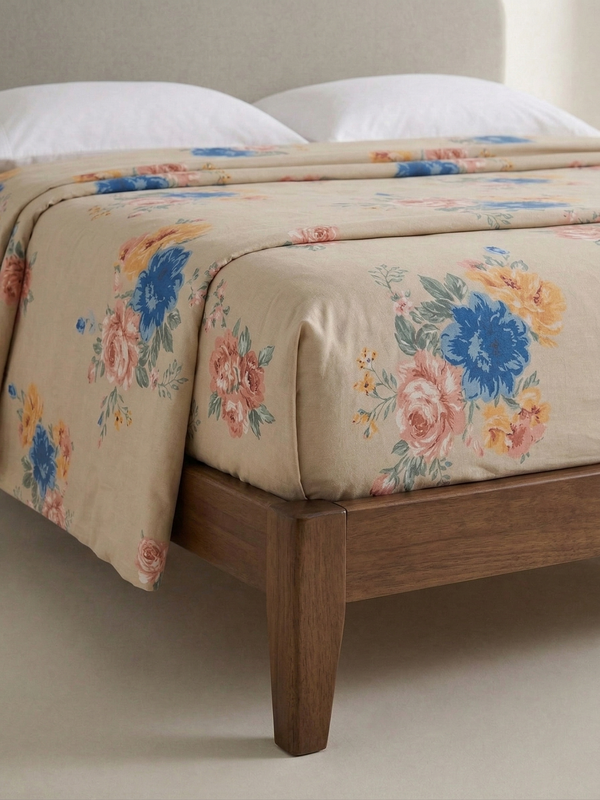 Jaipuri English Garden Floral Fitted Bedcover | Premium Hand block Printed Cotton Bedspread | Elegant Beige & Blue Botanical Fitted Sheet