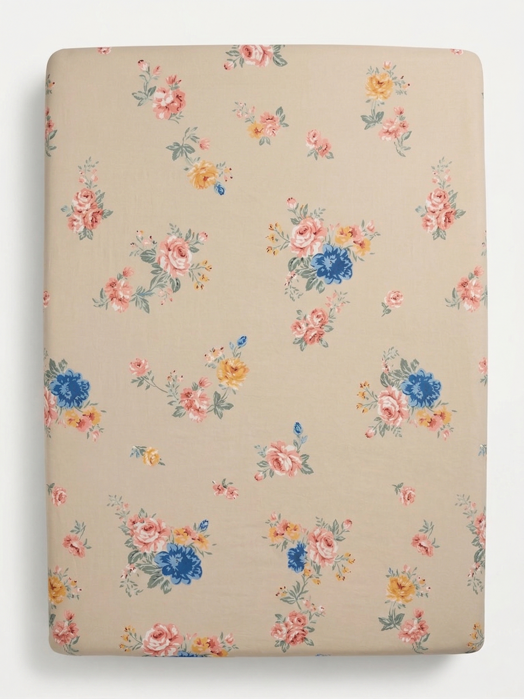 Jaipuri English Garden Floral Fitted Bedcover | Premium Hand block Printed Cotton Bedspread | Elegant Beige & Blue Botanical Fitted Sheet