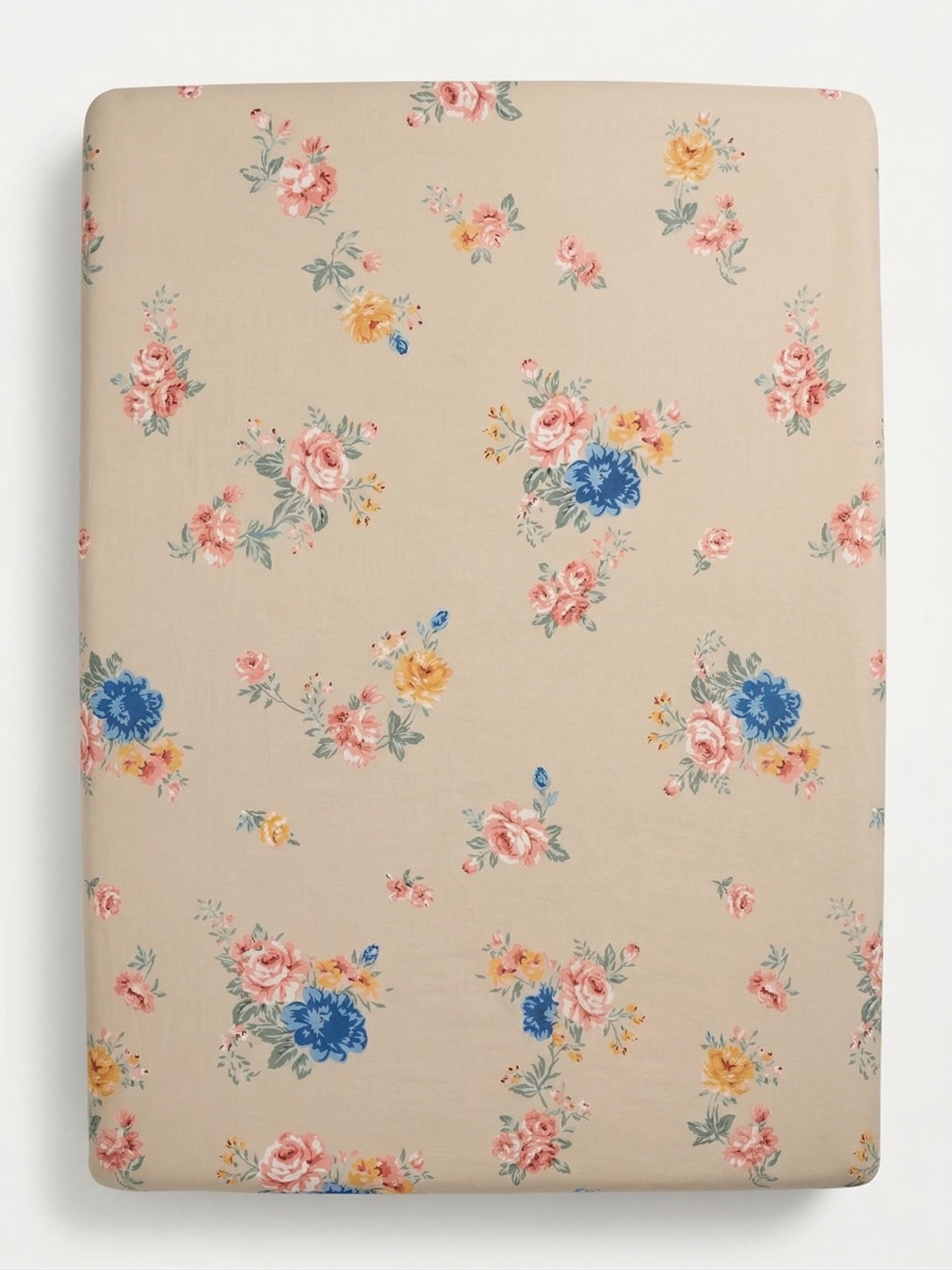 Jaipuri English Garden Floral Fitted Bedcover | Premium Hand block Printed Cotton Bedspread | Elegant Beige & Blue Botanical Fitted Sheet