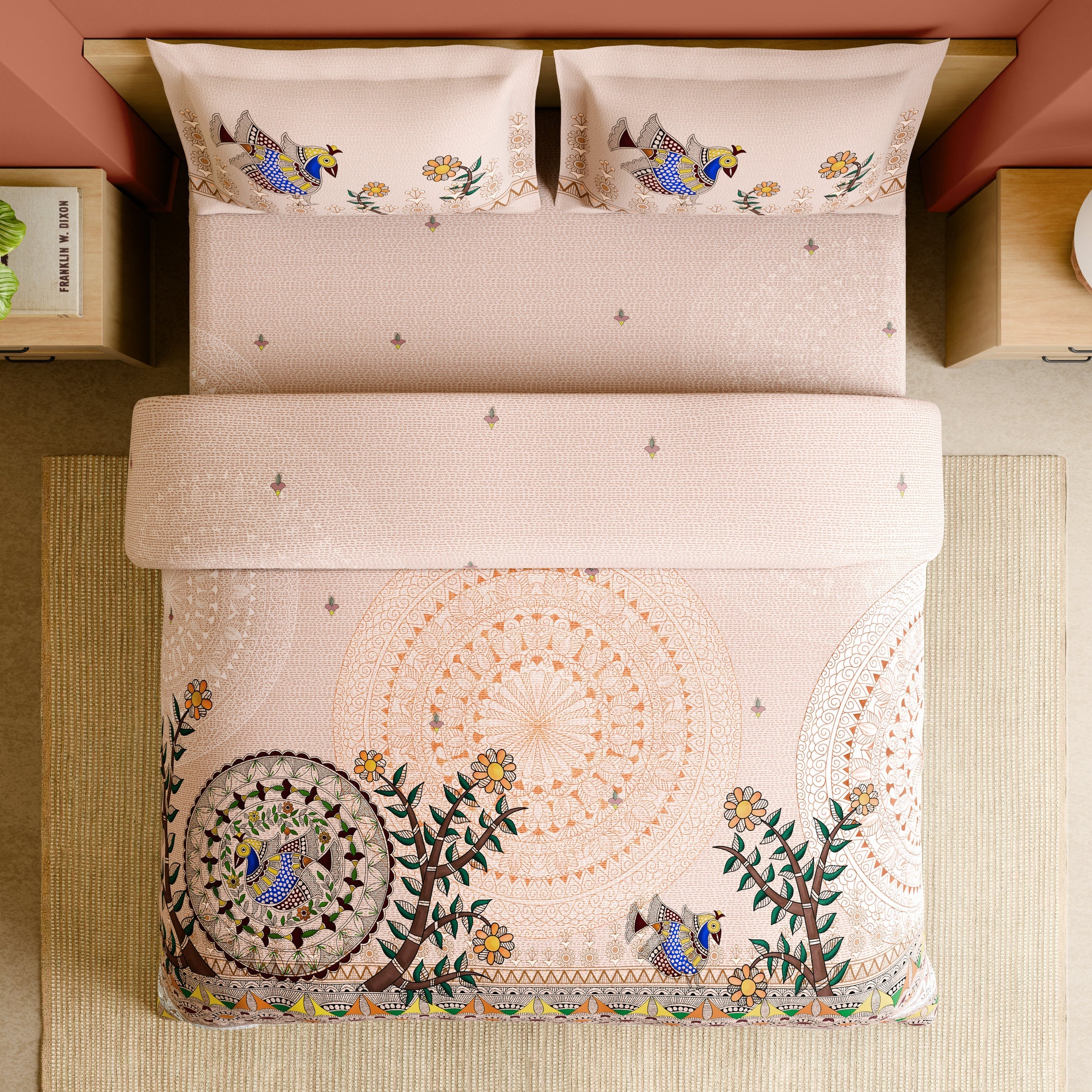 Spaces Shubha Madhubani Peach Blush Traditional Nature-Inspired 300TC Cotton Super King Bed Sheet Set | 1085747 Peach Blush