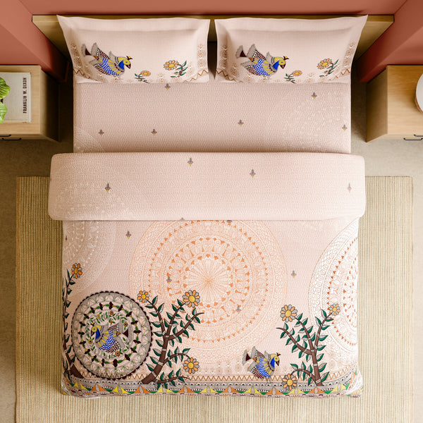 Spaces Shubha Madhubani Peach Blush Traditional Nature-Inspired 300TC Cotton Super King Bed Sheet Set | 1085747 Peach Blush
