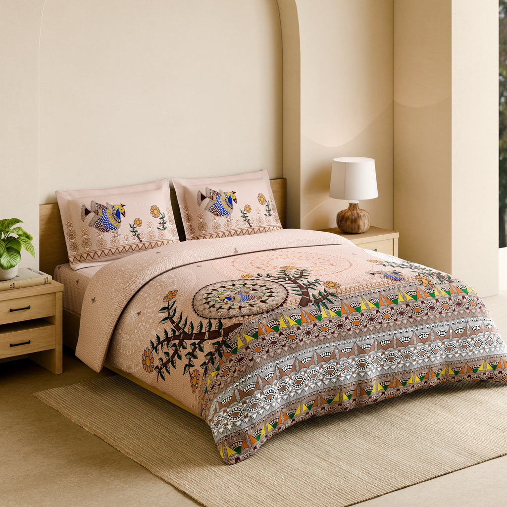 Spaces Shubha Madhubani Peach Blush Traditional Nature-Inspired 300TC Cotton Super King Bed Sheet Set | 1085747 Peach Blush