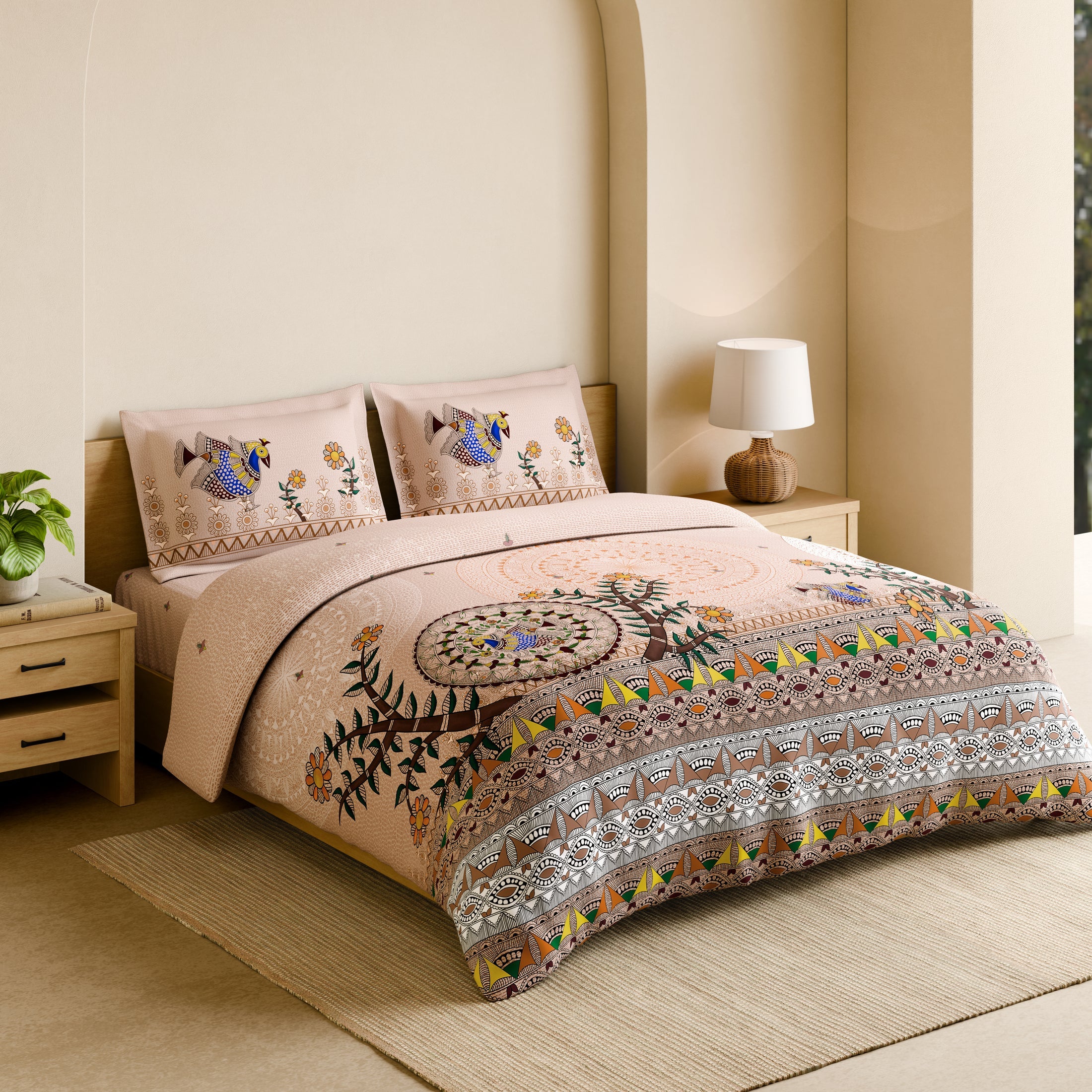Spaces Shubha Madhubani Peach Blush Traditional Nature-Inspired 300TC Cotton Super King Bed Sheet Set | 1085747 Peach Blush