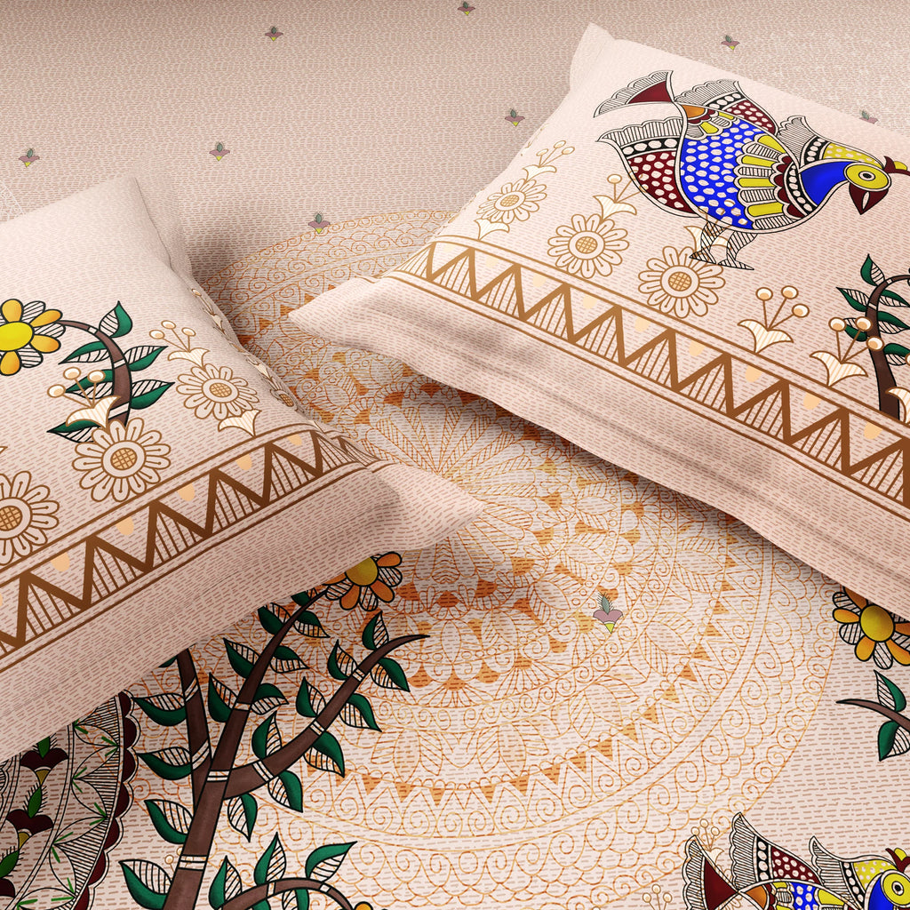 Spaces Shubha Madhubani Peach Blush Traditional Nature-Inspired 300TC Cotton Super King Bed Sheet Set | 1085747 Peach Blush
