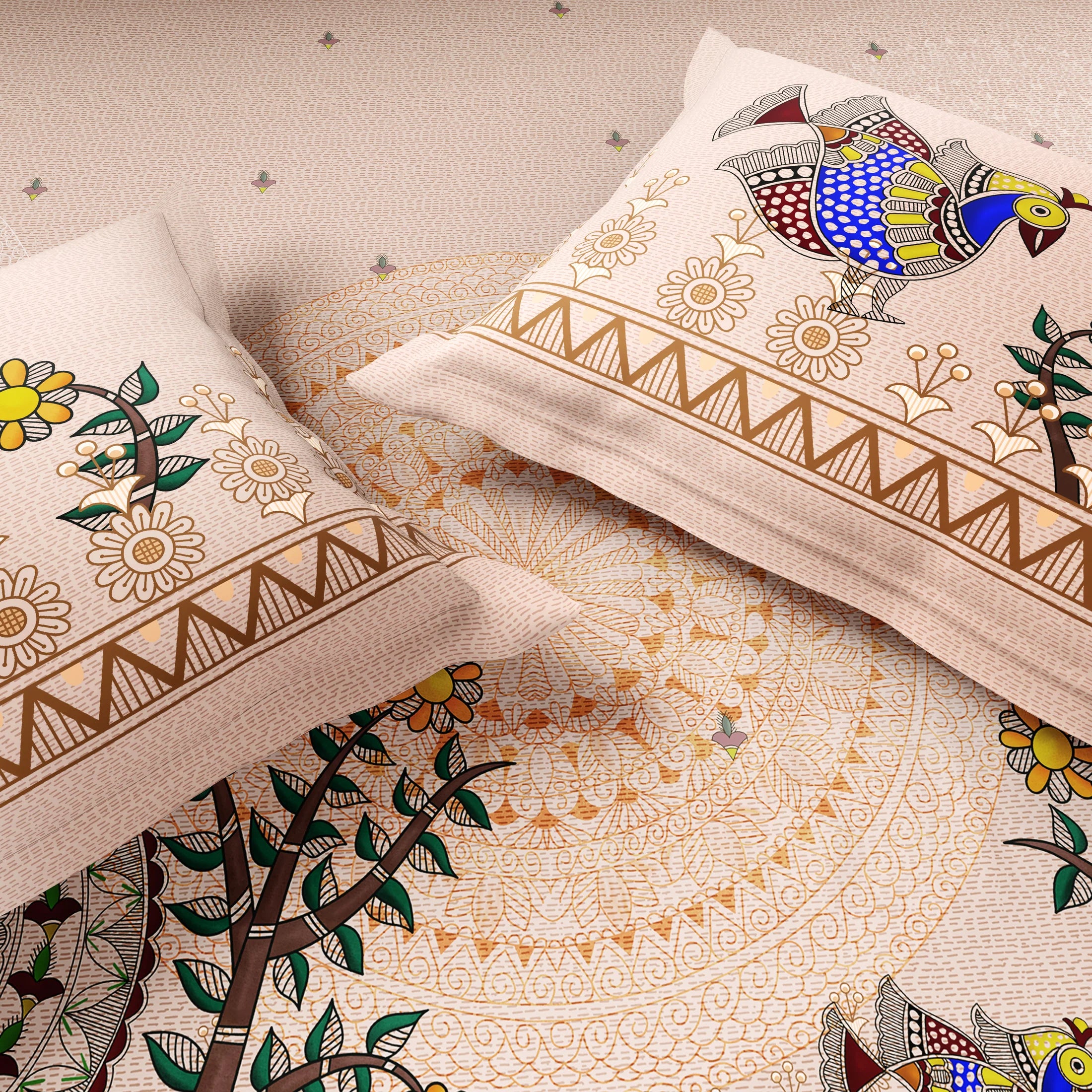 Spaces Shubha Madhubani Peach Blush Traditional Nature-Inspired 300TC Cotton Super King Bed Sheet Set | 1085747 Peach Blush