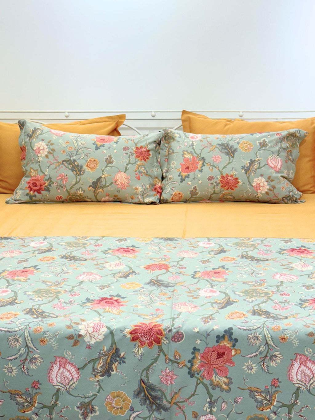 Sadyaska Coco Sage Green and Honey Mustard Cotton (Print and Solid) 5 Pcs Bedsheet