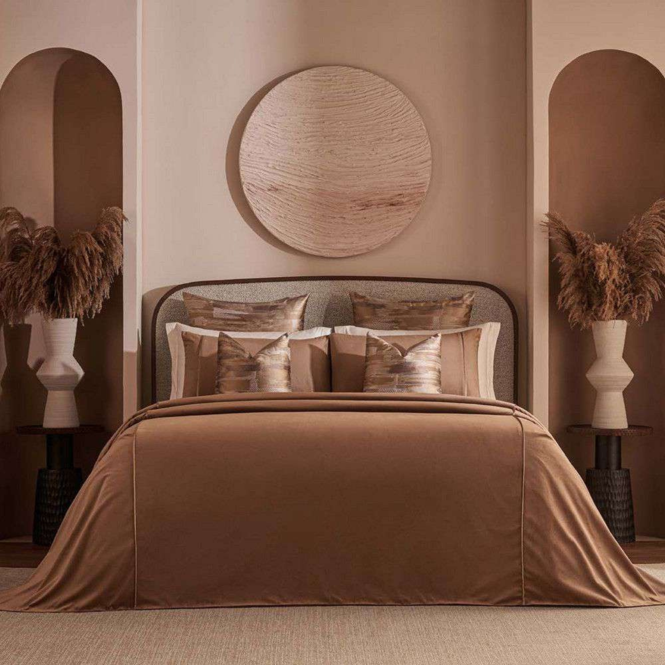 D'Decor Nazraana Ivy Tapioca Luxury 5-Piece Double Bedding Gift Set | Rich Velvet with Embroidered Abstract Art | NZ09 Tapioca