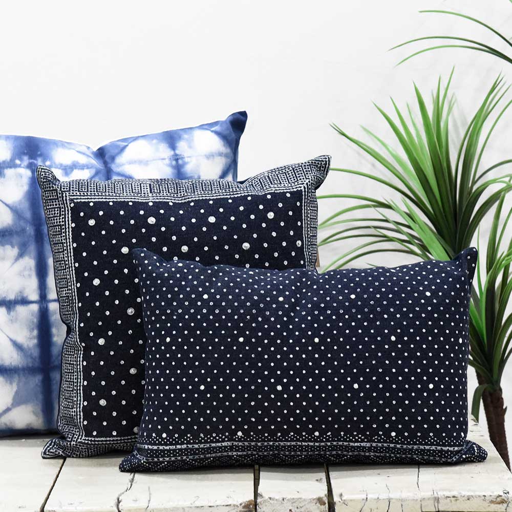Sadyaska Hand Embroidered Indigo Pillow Cover Denim Hand Block Print Pillow Cases 12" X 18"… 1 Pcs Cushion