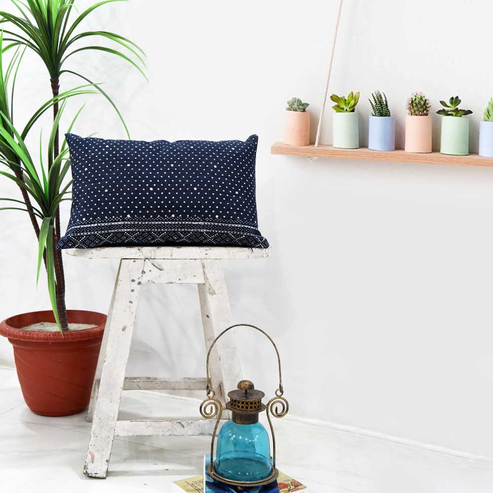 Sadyaska Hand Embroidered Indigo Pillow Cover Denim Hand Block Print Pillow Cases 12" X 18"… 1 Pcs Cushion